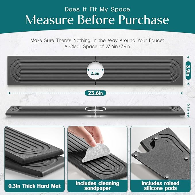 eormoe Kitchen Sink Splash Guard – Stone Faucet Mat for Kitchen Sink, Diatomite Drying Mat, Modern Kitchen & Bathroom Countertop Accessories (Dark Grey, 23.6" x 3.9")