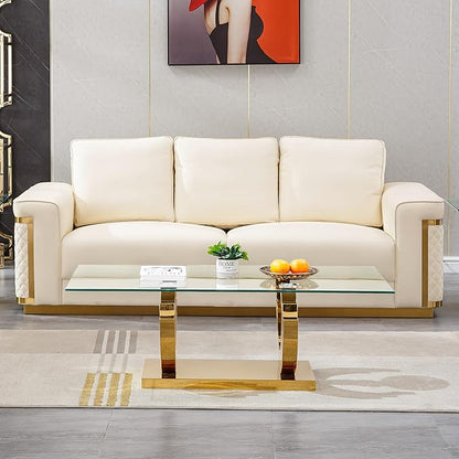 Modern Glass Coffee Table, 51" Sofa Coffee Table with Gold Stainless Steel Frame and Clear Glass Top, Rectangular Cocktail Table Accent Centre Table for Living Room