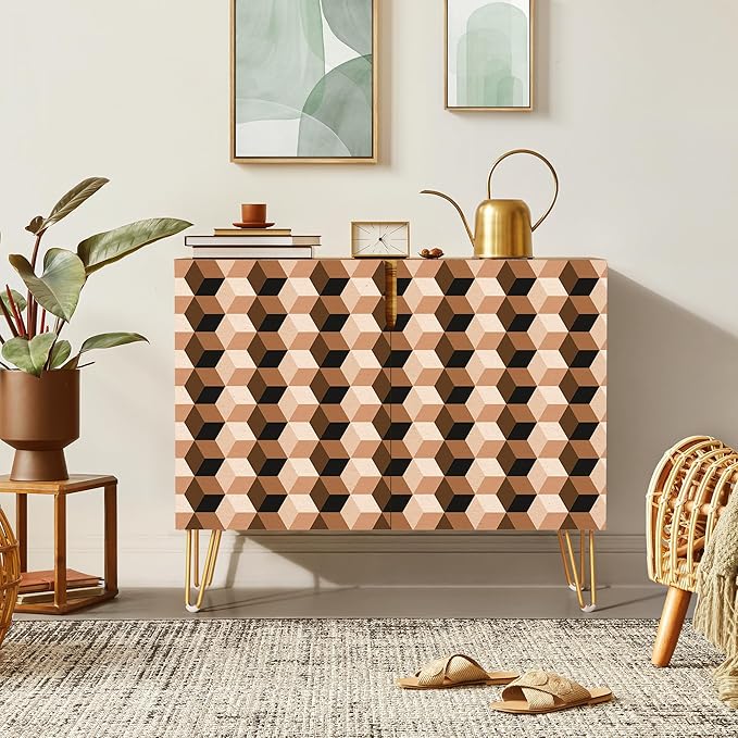 SIGNWIN Sideboard Buffet Cabinet, Kitchen Storage Cabinet with 2 Doors, Vibrant 3D Style Square Cube Patterns, Cupboard Console Table for Dining Room - 35" L x 18" W x 29" H