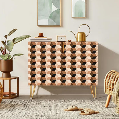 SIGNWIN Sideboard Buffet Cabinet, Kitchen Storage Cabinet with 2 Doors, Vibrant 3D Style Square Cube Patterns, Cupboard Console Table for Dining Room - 35" L x 18" W x 29" H