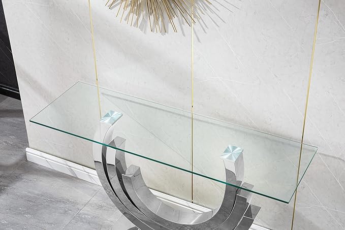 Modern Glass Console Table, 55" Entryway Sofa Table with Silver Stainless Steel Frame and Clear Tempered Glass Top, Rectangular Console Table Accent Entryway Table for Living Room