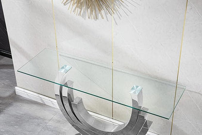 Modern Glass Console Table, 55" Entryway Sofa Table with Silver Stainless Steel Frame and Clear Tempered Glass Top, Rectangular Console Table Accent Entryway Table for Living Room