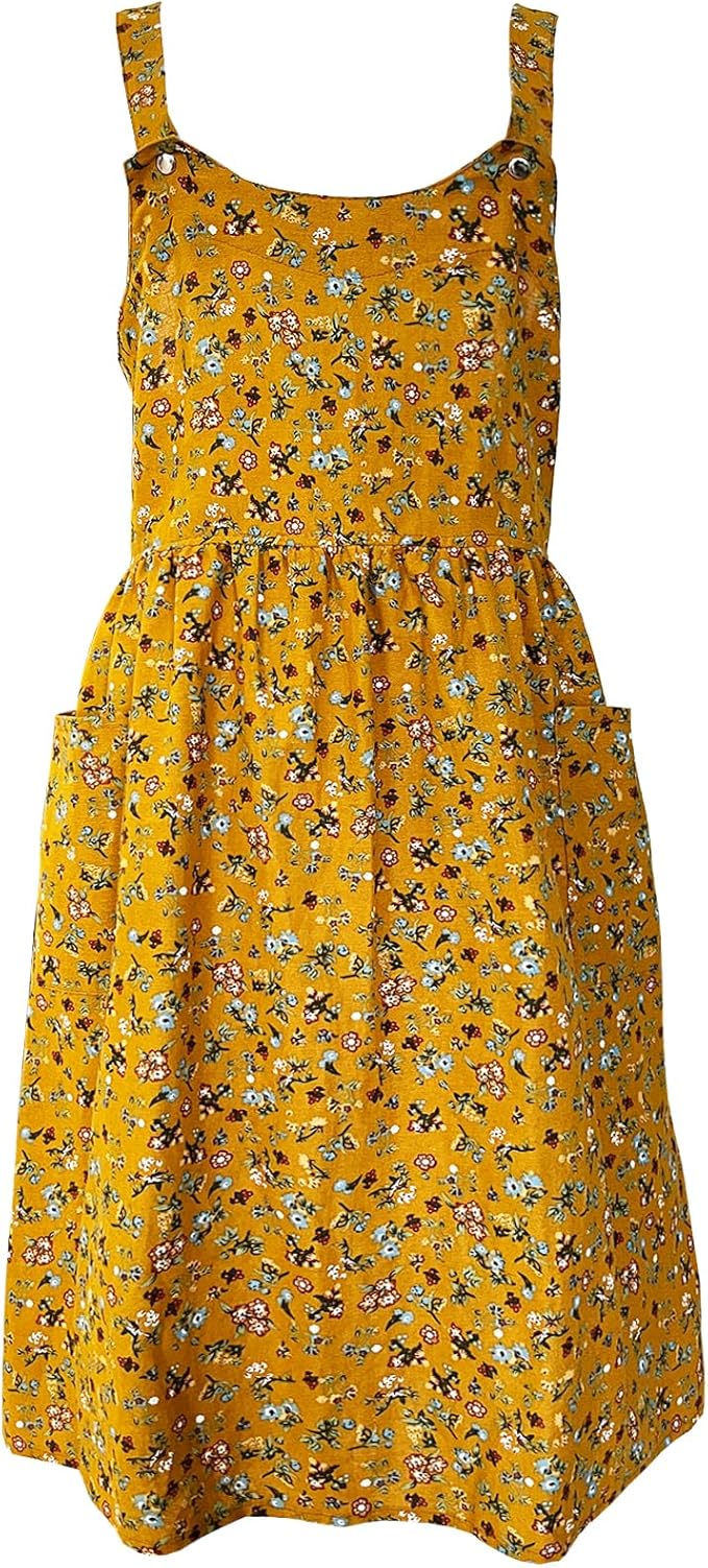 Cityelf Vintage Pinafore Apron Dress Snap Adjust Linen Cotton with Pockets Floral Aprons for Cooking Gardening
