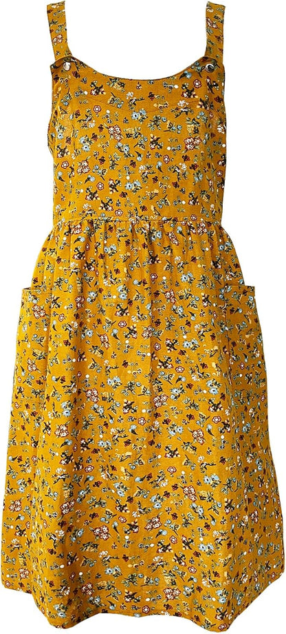 Cityelf Vintage Pinafore Apron Dress Snap Adjust Linen Cotton with Pockets Floral Aprons for Cooking Gardening