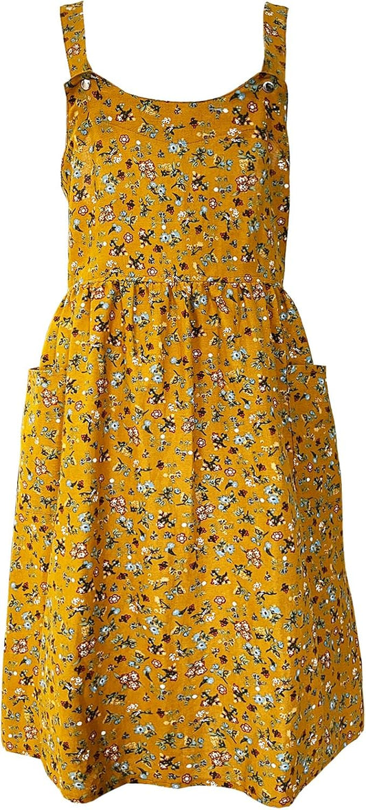 Cityelf Vintage Pinafore Apron Dress Snap Adjust Linen Cotton with Pockets Floral Aprons for Cooking Gardening