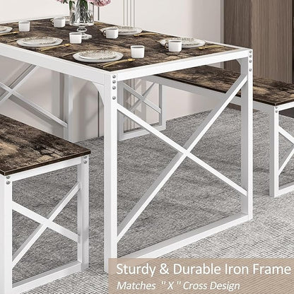 VECELO Kitchen Dining Table Benches Set for 4/6, 55" Wooden Dinette with 2 Benches, Large Embedded Desktop for Small Space, Breakfast Nook, Dark Brown