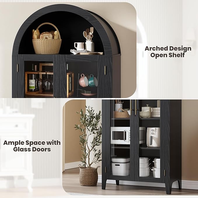 IDEALHOUSE Arched Kitchen Pantry Storage Cabinet - Farmhouse 5-Tier Display Shelf with 2 Large Glass Doors and Adjustable Shelf, Versatile Cupboard for Kitchen, Dining Room, Living Room, Black