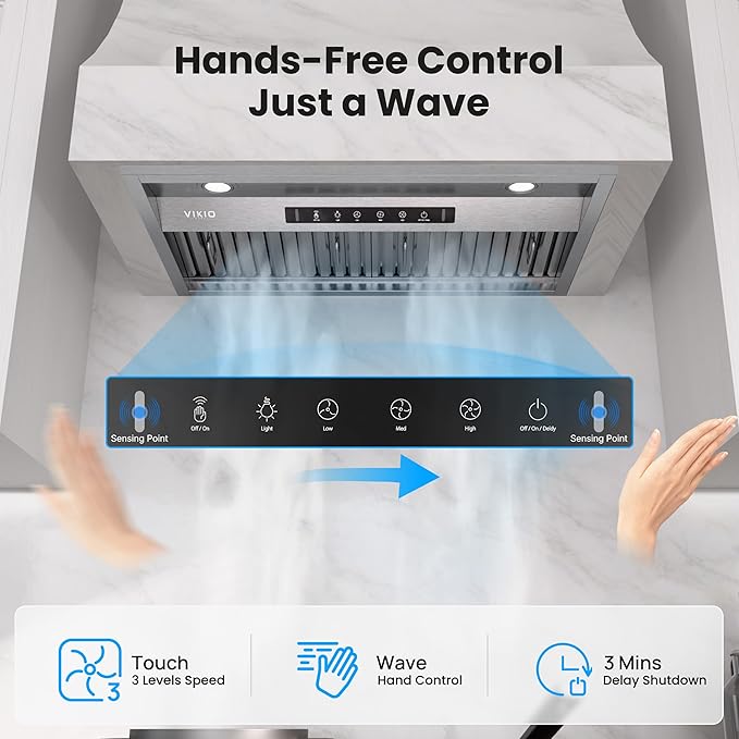 VIKIO HOME Range Hood Insert 30Inch,Built-in Kitchen Hood with 980 CFM, Ducted/Ductless Convertible Duct,Stainless Steel Kitchen Vent Hood/Gesture/Touch Control, 2 Pcs Baffle Filters with Handlebar