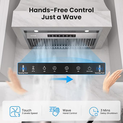 VIKIO HOME Range Hood Insert 30Inch,Built-in Kitchen Hood with 980 CFM, Ducted/Ductless Convertible Duct,Stainless Steel Kitchen Vent Hood/Gesture/Touch Control, 2 Pcs Baffle Filters with Handlebar