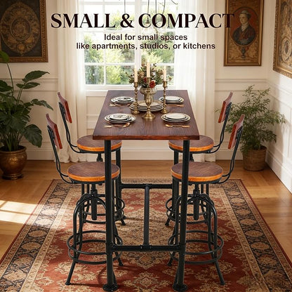 LOKKHAN 5-Piece Industrial Metal Bar Table & Stools Set – Adjustable Swivel, Wooden Top/Seats, Backrest (1 Table + 4 Stools, Brown) for Kitchen Island/Pub, Heavy Duty