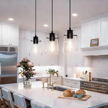 3Pack Pendant Lights Kitchen Island, Modern Industrial Pendant Light Fixtures with Glass Shade, E26 Socket Adjustable Cord for Dining Room, Bedroom, Living Room, Farmhouse Pendant Lighting