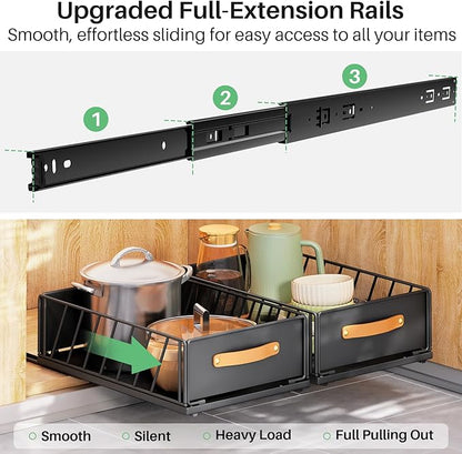 Pull out Cabinet Organizer,Heavy Duty Slide out Pantry Shelves Drawer Storage with Adhesive Nano Film,Sliding Mesh Cabinet Basket with Handle for Kitchen, Bathroom, Home, 15.8"W X 21"D X6.2"H,Black