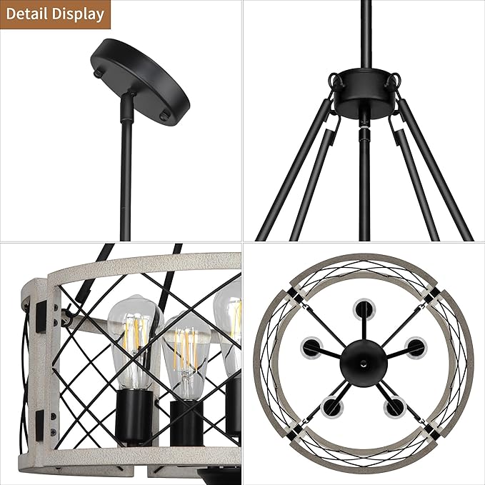 Sigaitwei 18.9'' Farmhouse Drum Chandelier, 5-Light Adjustable Dining Room Light Fixture Kitchen Island Lighting, Rustic Hanging Lights for Entryway Dining Room Kitchen Table Foyer Living Room.
