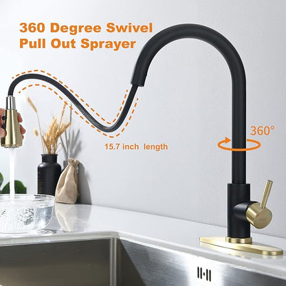 Keer Matte Black Single Handle Pull Down Kitchen Faucet with Soap Dispenser, 3 Modes Sprayer, Easy Assembly, Single Handle High Arc Stainless Steel Faucet.