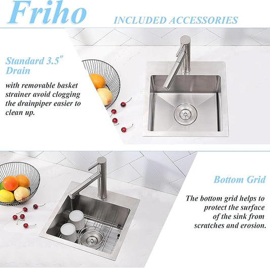 Friho 18x18 Inch Drop in Bar Sink, Topmout Small Kitchen Sink, 16 Ganuge Handmade T-304 Stainless Steel Single Bowl Sink for RV Wet Bar Prep RV Outdoor Yard Office Laundry Utility with Accessories