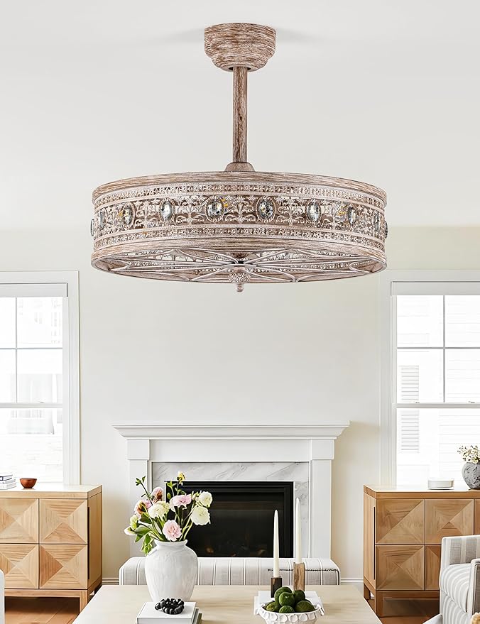Rustic Chandelier Ceiling Fan with Light,Farmhouse Distressed Wood-Look Caged Bladeless Fandelier,Enclosed Cozy Cottage Crystal Light Fixture,Hanging/Flush Mount for Bedroom,Kitchen,Dining Room,Foyer