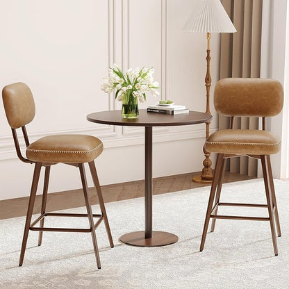 MALOL 26“ PU Leather Swivel Bar Stools Set of 2, Mid Century Counter Height Bar Chairs with Low Back and Metal Legs, Modern Bar Stool Chair for Kitchen Island, Brown