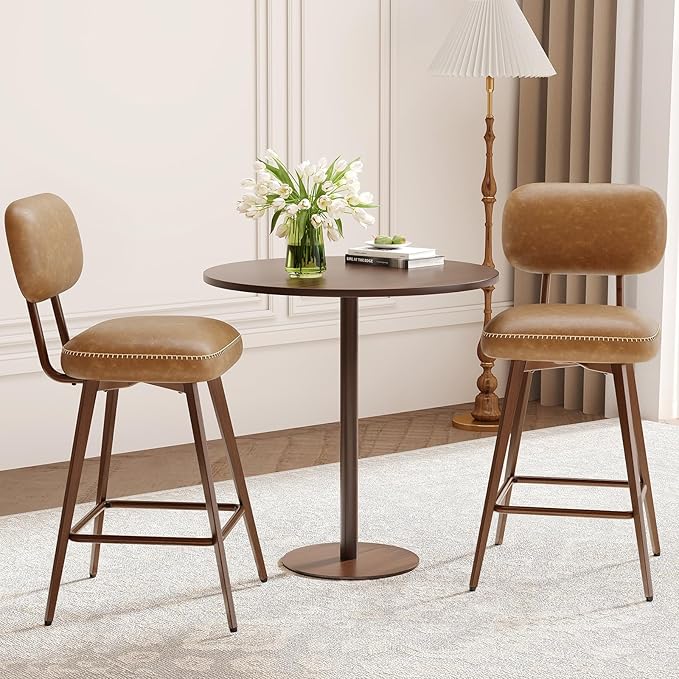 MALOL 26“ PU Leather Swivel Bar Stools Set of 6, Mid Century Counter Height Bar Chairs with Low Back and Metal Legs, Modern Bar Stool Chair for Kitchen Island, Brown