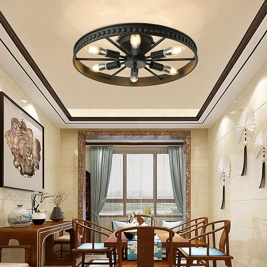 Industrial Wagon Wheel Chandelier 6 Lights, Rustic Flush Mount Ceiling Light Fixture, Retro Ceiling Lamp Hanging Lamp for Kitchen Island Dining Room18 Inch Black,(Bulb Not Include)