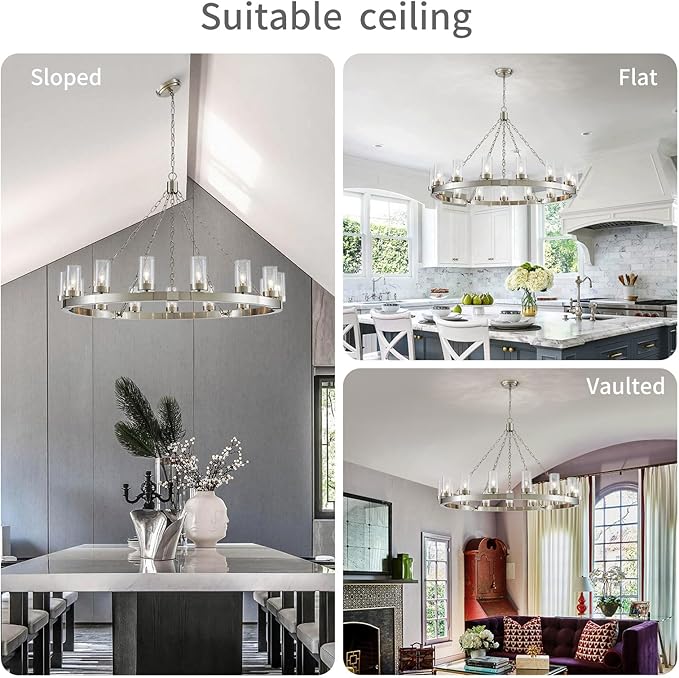WUZUPS 15-Light Wagon Wheel Chandelier Large Rustic Farmhouse Industrial Round Pendant Light Fixture with Clear Seeded Glass Shades for Dining Room Kitchen Island, H 29.5" x W 46.5", Brushed Nickel