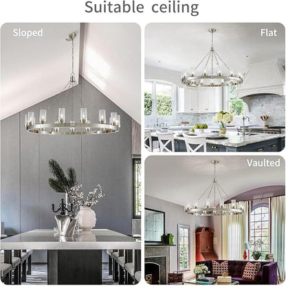 WUZUPS 15-Light Wagon Wheel Chandelier Large Rustic Farmhouse Industrial Round Pendant Light Fixture with Clear Seeded Glass Shades for Dining Room Kitchen Island, H 29.5" x W 46.5", Brushed Nickel