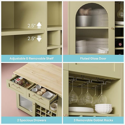 LIKIMIO Rolling Kitchen Island with Storage, 39.4" W Mobile Cart with Power Outlet & Drop Leaf Table, 2 Drawers, Removable 12 Grids, 3 Wine Racks, 360°Casters, Adjustable Shelf, Glass Door, Green