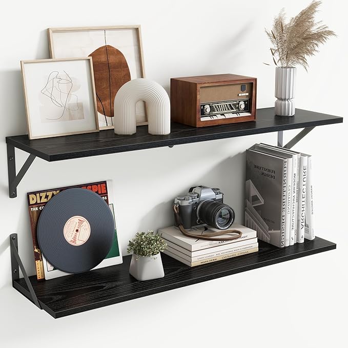 Acovy Deep Floating Shelves for Wall,36Wx8D Wall Mounted Shelves Set of 2,Wall Storage Floating Shelf with Sturdy Metal Brackets for Living Room,Bathroom,Kitchen,Office,Black