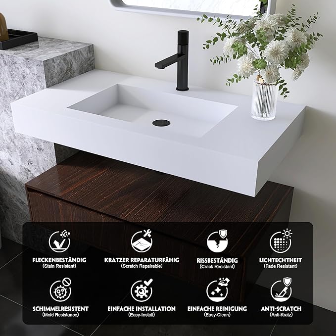 35'' Wall Mount Sink Matte Bathroom Vanity Vessel Sinks Artificial Stone Rectanglee Indoor Outdoors Modern Floating or Countertop Freestanding Wall Hang Sink Bowl (single Holes 35'')