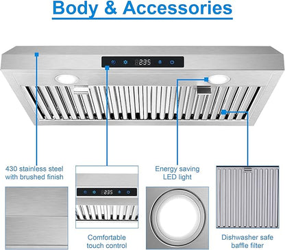 SNDOAS Range Hood 30 Inch Under Cabinet,Ductless Range Hoods with Touch Control,3-Venting Kitchen hood,Stainless Steel Vent Hood,Under Cabinet Range Hood 30 inch,Hood Vents for Kitchen 3 Speeds