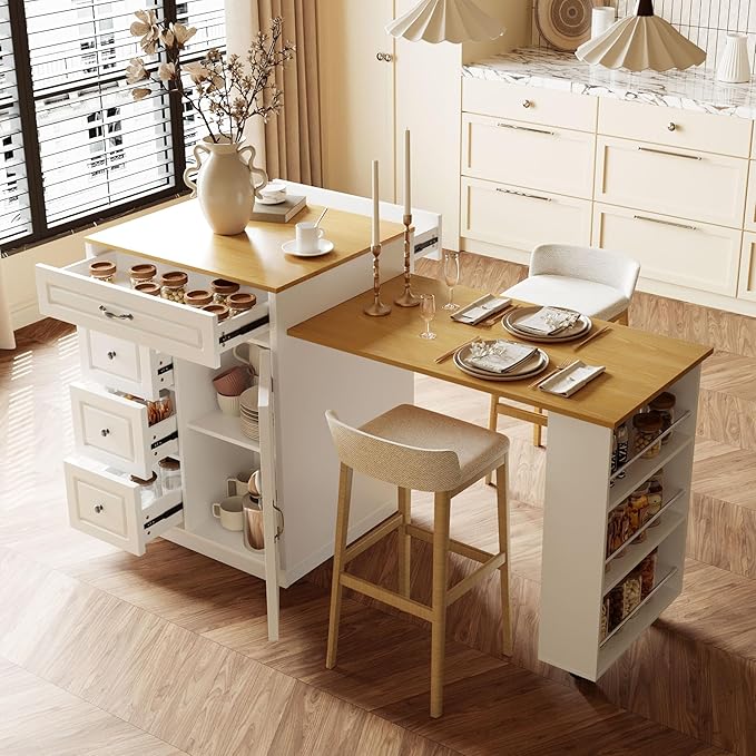 73” Kitchen Island with Extendable Dining Table, Multifunctional Wine Cabinet with 1 Door, 5 Drawers, Open Side Shelves, Wine Rack, Stemware Holder, Rolling Wheels, Chairs Not Include, White+Natural