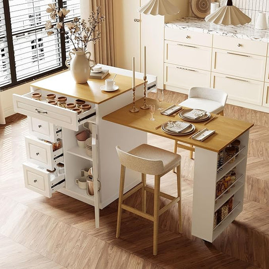 73” Kitchen Island with Extendable Dining Table, Multifunctional Wine Cabinet with 1 Door, 5 Drawers, Open Side Shelves, Wine Rack, Stemware Holder, Rolling Wheels, Chairs Not Include, White+Natural