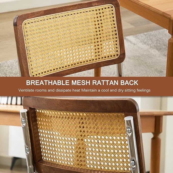 Rattan Back Linen Dining Chair Set of 4 Modern Stainless Chrome Base Armless Upholstered Side Chair for Dining Room, Kitchen Island,Coffee