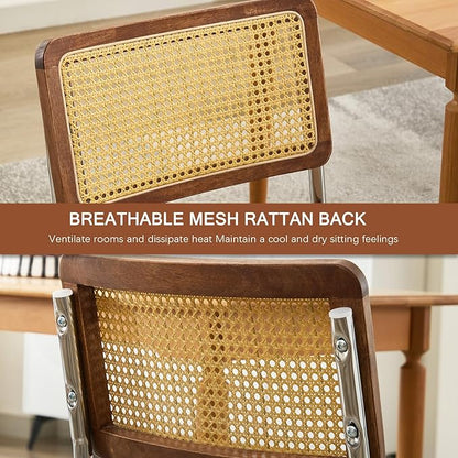 Rattan Back Linen Dining Chair Set of 4 Modern Stainless Chrome Base Armless Upholstered Side Chair for Dining Room, Kitchen Island,Coffee