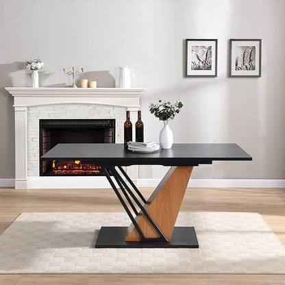 62" Extendable Island Table, Rustic Dining Table with Metal Frame, Mid Century Dining Table with MDF Top for Kitchen Dining Office, Black Brown