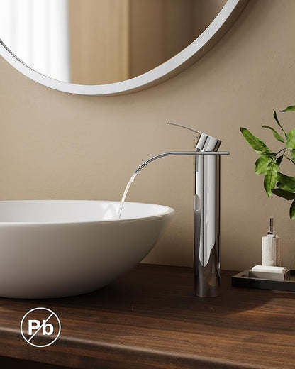 FORIOUS Waterfall Bathroom Vessel Sink Faucets with Metal Pop up Drain and Lead-Free cUPC Hose, Chrome Single Handle Tall Bathroom Faucet 1 Hole, 11inch for Bath,Vessel