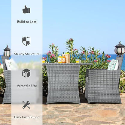 Tangkula 3 Pieces Patio Dining Set, Patiojoy Space-Saving PE Rattan Bistro Set with Tempered Glass Top Table and Cushioned Chairs, Outdoor Conversation Set for Garden, Backyard, Poolside, Porch