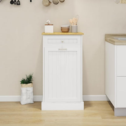 Ball & Cast Tilt-Out Trash Cabinet with One Drawer, Multifunctional White Hidden Garbage Can, Wooden Trash Can for Kitchen, Bathroom and Living Room, White
