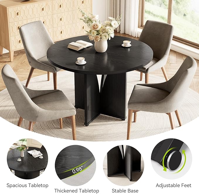 LITTLE TREE 39-Inch Dining Table for 4, Rustic Kitchen Table, Round Dining Table with X-Shaped Stable Pedestal, Farmhouse Dinner Table for Dining Room, Living Room