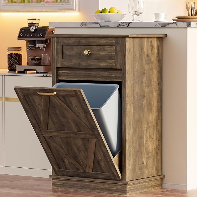 YESHOMY 10 Gallon Tilt-Out Trash Cabinet, Wooden Hidden Garbage Can Holder with Storage Drawers for Kitchen and Dining Room, Dark Brown (2 Piece)