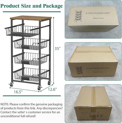 OKZEST Fruit Basket, 5-Tier Utility Kitchen Organizer and Storage Cart with Pull-Out Baskets and Wood Top, Rolling Pantry Kitchen Cart on Wheels for Fruit Potato Onion Vegetable Snack Produce