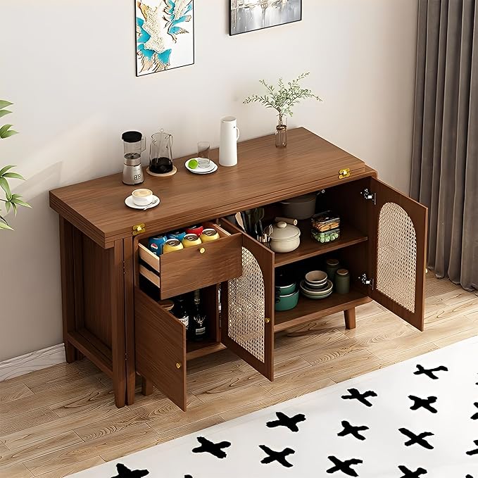 60.68in Multifunctional Folding Buffet Table, Modern Bar Cabinet with Swivel Table, Extendable Dining Table, Double Storage Cabinet for Kitchen, Living Room, Small Space - Walnut/White(Walnut,50.79in)