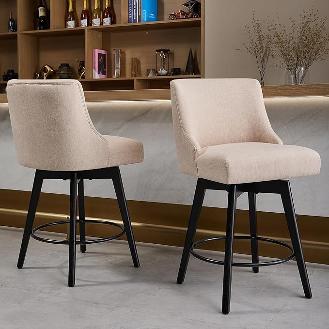 Counter Height Bar Stools Set of 6,Swivel Barstools with Backs and Wood Legs,Linen Fabric Upholstered Counter Stools for Kitchend Island,Mid-Century Modern 26"Seat Height Bar Chairs,Flax Beige