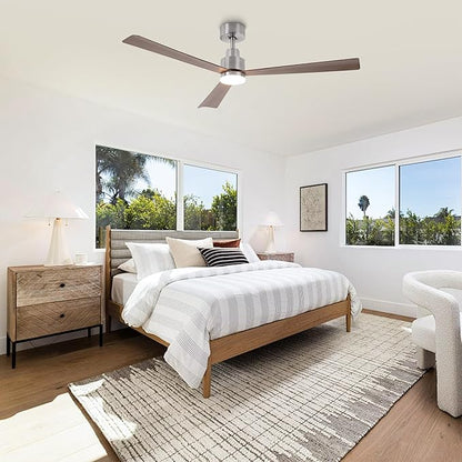 52" Nickel Ceiling Fan with Light and Remote, Modern 3-Blade DC Motor Ceiling Fan, Quiet Reversible Airflow, 6-Speed LED, Use for Bedroom Living Room Kitchen Indoor Use