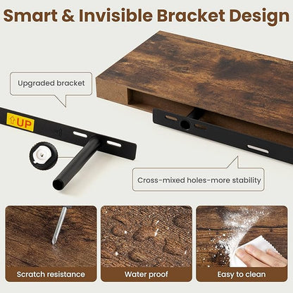 48 Inch Floating Shelves for Wall, 8 Inch Deep Floating Shelf for Storage & Display, Wall Mounted Shelf with Invisible Brackets for Living Room, Kitchen, Bathroom, Home Decor, Set of 2, Rustic Brown