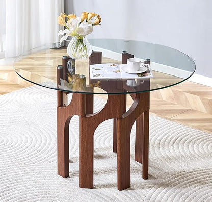 Glass Round Dining Table for 4 6 Person, 46 Inch Glass Kitchen Dining Room Table with Wooden Walnut Pedestal Base,Modern Circle Clear Glass Top Dinner Table for Small Spaces Home/Apartment