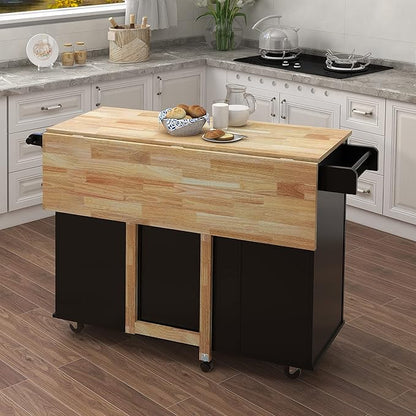Modern Dining Table with and Extensible Solid Wood Table Top, Kitchen Island with Spice Rack, Towel Rack, Wood Table with, Counter, Consol