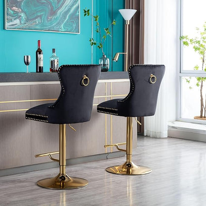 Rhomtree 27-36 Inch Swivel Bar Stools, Adjustable Counter Height Barstools with Tufted High Back & Ring Pull Golden Footrest, Upholstered Bar Chairs for Home Bar Kitchen Island(Black Set of 4)