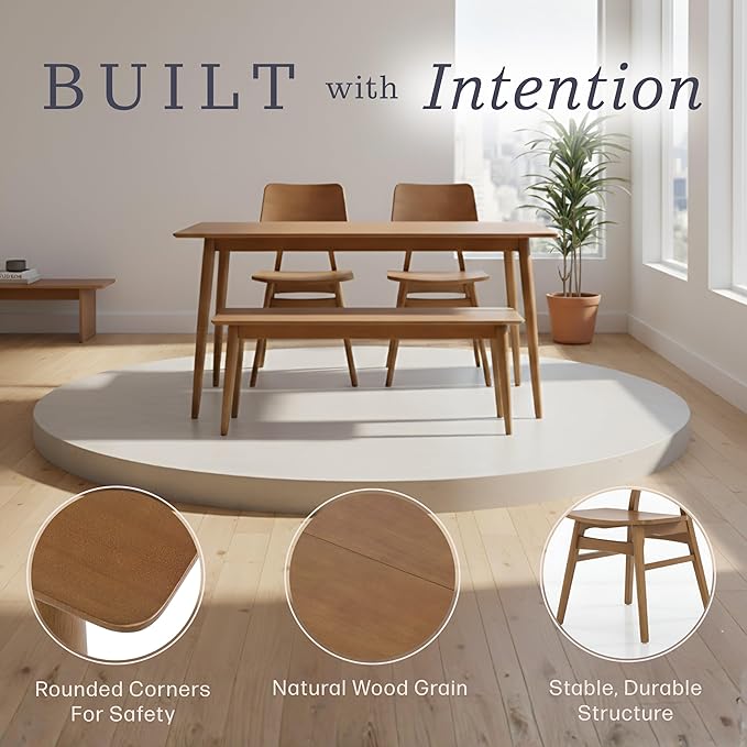 Alaterre Furniture Calais Dining – 4 Piece Dining Table Set for 4 with Chairs and Bench – Mid Century Modern 59-Inch Solid Wood Kitchen & Dining Room Table with Bench, and 2 Chairs (Pecan Finish)