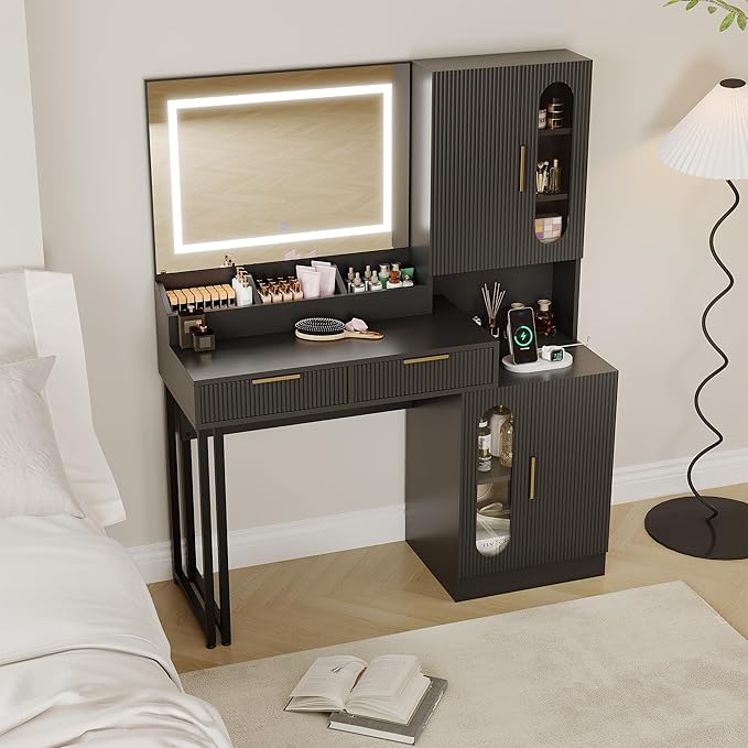 IDEALHOUSE Fluted Vanity Desk with Mirror and Lights, 45" Makeup Vanity with Large Cabinets, Drawers, Dressing Table with 3 Color Lighting Modes, Built-in Charging Station for Bedroom, Black