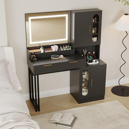 IDEALHOUSE Fluted Vanity Desk with Mirror and Lights, 45" Makeup Vanity with Large Cabinets, Drawers, Dressing Table with 3 Color Lighting Modes, Built-in Charging Station for Bedroom, Black